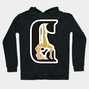 Sports yoga women in letter E vector design. Alphabet letter icon concept. Sports young women doing yoga exercises with letter E logo design. Hoodie